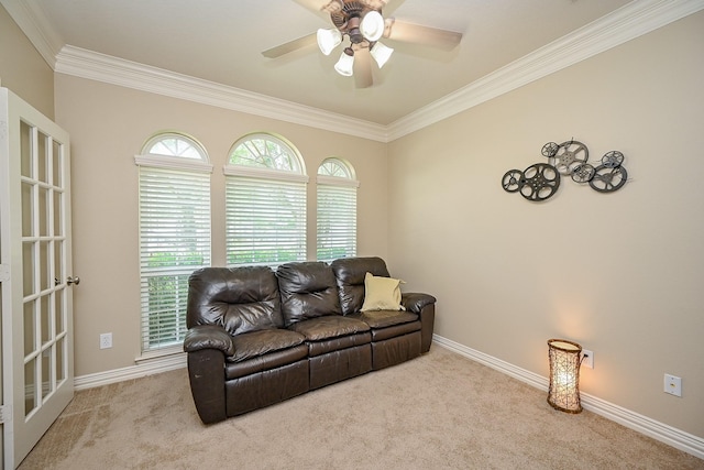 20803 Twisted Leaf Dr, Cypress, TX 77433 - living area featuring ornamental molding, carpet flooring, and ceiling fan