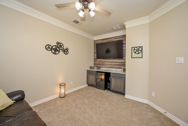 20803 Twisted Leaf Dr, Cypress, TX 77433 - living area featuring crown molding, light carpet, and ceiling fan