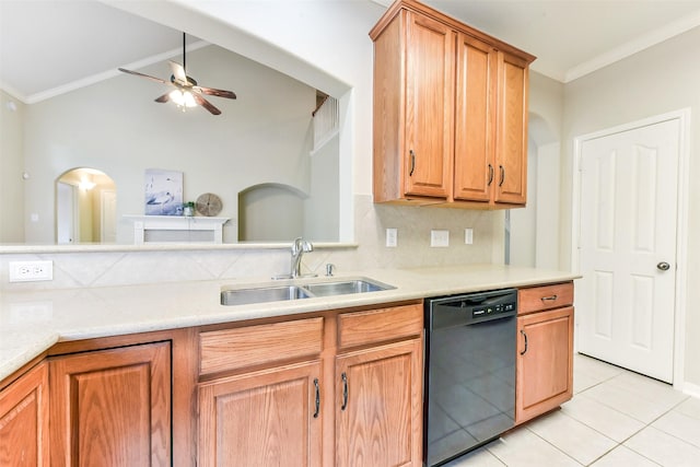 2231 Water Way, Seabrook, TX 77586 - kitchen with black dishwasher, a ceiling fan, ornamental molding, light tile patterned flooring, and tasteful backsplash