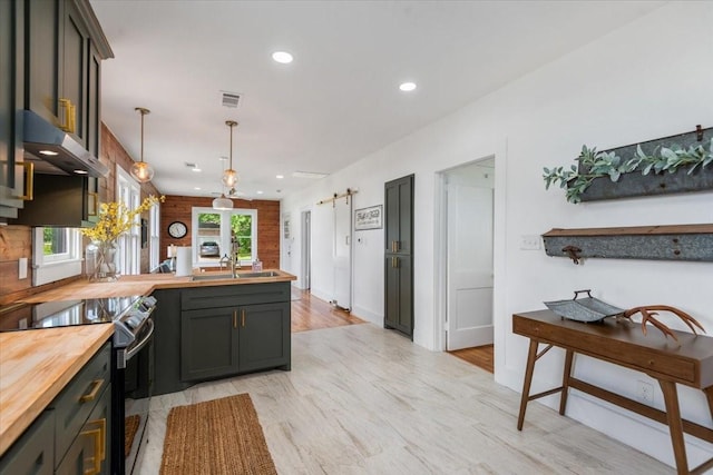 1604 S Austin St, Brenham, TX 77833 - kitchen with butcher block counters, electric stove, a peninsula, a barn door, and a sink