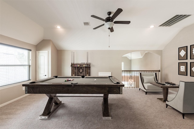 20722 Lavone Dr, Porter, TX 77365 - rec room featuring lofted ceiling, a ceiling fan, carpet flooring, plenty of natural light, and billiards table