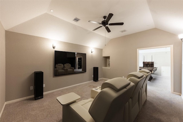 20722 Lavone Dr, Porter, TX 77365 - home theater room featuring vaulted ceiling, carpet, a ceiling fan, and baseboards