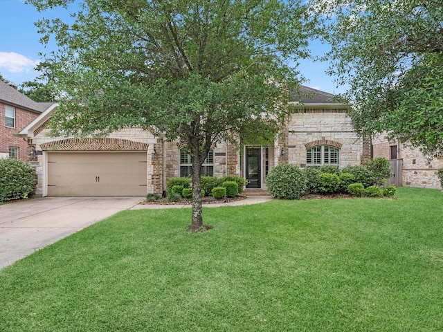 20722 Lavone Dr, Porter, TX 77365 - view of front facade with a front yard, an attached garage, concrete driveway, and stone siding