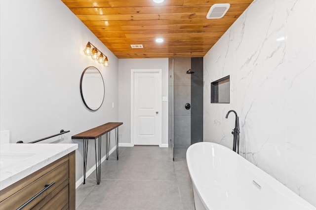 10714 Deerwood Rd, Houston, TX 77042 - full bathroom with vanity, wood ceiling, a freestanding bath, a tile shower, and recessed lighting
