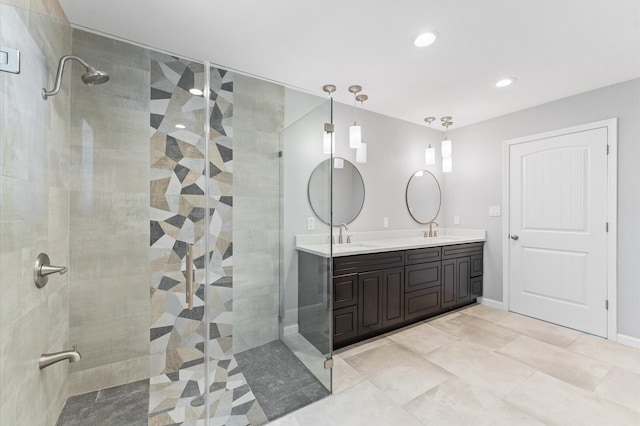 10714 Deerwood Rd, Houston, TX 77042 - bathroom featuring double vanity, a tile shower, recessed lighting, and tile patterned flooring