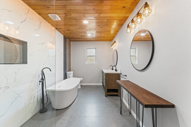 10714 Deerwood Rd, Houston, TX 77042 - bathroom featuring wooden ceiling, a freestanding bath, and vanity