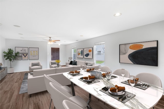 11307 Sugar Bowl Dr, Tomball, TX 77375 - dining room featuring wood finished floors, ceiling fan, and recessed lighting