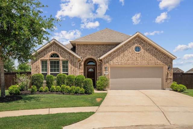 2206 Wolf Creek Ct, Katy, TX 77493 - french country home featuring brick siding, an attached garage, concrete driveway, and roof with shingles