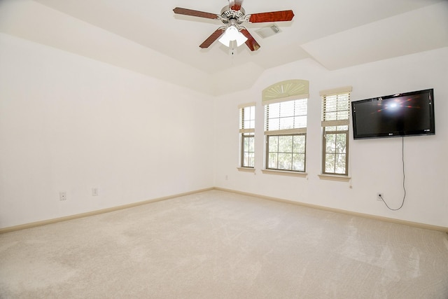 19707 Mission Pines Ln, Richmond, TX 77407 - unfurnished room featuring ceiling fan, light carpet, baseboards, and lofted ceiling