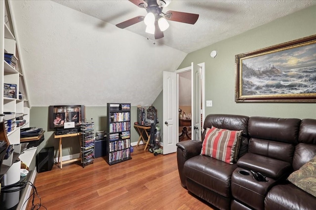 4810 Majestic Dr, Baytown, TX 77523 - home office featuring a ceiling fan, wood finished floors, a textured ceiling, and lofted ceiling