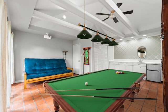9407 Brooding Oak Cir, Houston, TX 77096 - playroom with pool table, beam ceiling, ceiling fan, light tile patterned floors, and recessed lighting
