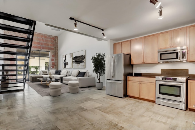 1601 W Webster St Unit 9, Houston, TX 77019 - kitchen featuring stainless steel appliances, track lighting, light brown cabinetry, and a high ceiling