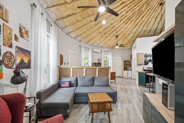 8354 Hannay Rd, Pattison, TX 77423 - living room featuring a ceiling fan, light wood-style flooring, high vaulted ceiling, and wooden ceiling