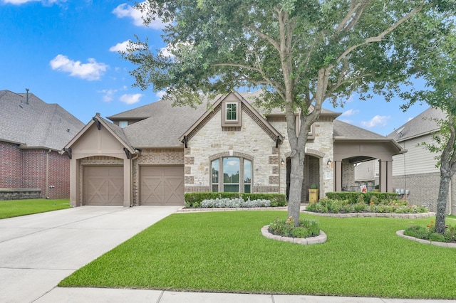 116 Owen Ridge Dr, Conroe, TX 77384 - french provincial home with a front lawn, a garage, driveway, and stone siding