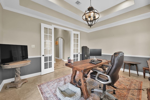 116 Owen Ridge Dr, Conroe, TX 77384 - office space with french doors, a tray ceiling, a chandelier, ornamental molding, and baseboards