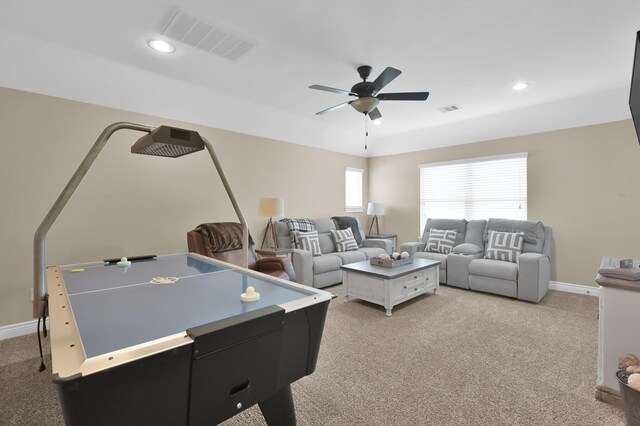 116 Owen Ridge Dr, Conroe, TX 77384 - game room featuring light colored carpet, a ceiling fan, recessed lighting, and baseboards