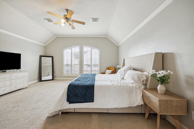 1310 Cohn St, Houston, TX 77007 - bedroom with lofted ceiling, carpet, crown molding, a ceiling fan, and baseboards