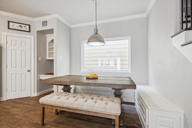 1310 Cohn St, Houston, TX 77007 - dining area featuring dark wood-style floors, ornamental molding, stairs, and baseboards