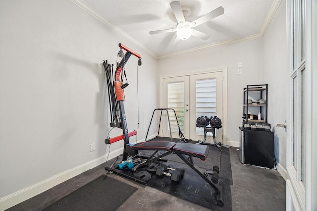 1310 Cohn St, Houston, TX 77007 - exercise room with ornamental molding, baseboards, ceiling fan, french doors, and a textured ceiling