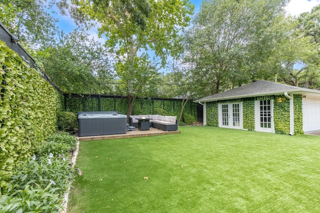 3923 W Main St, Houston, TX 77027 - view of yard with a hot tub, french doors, an outdoor living space, and central air condition unit