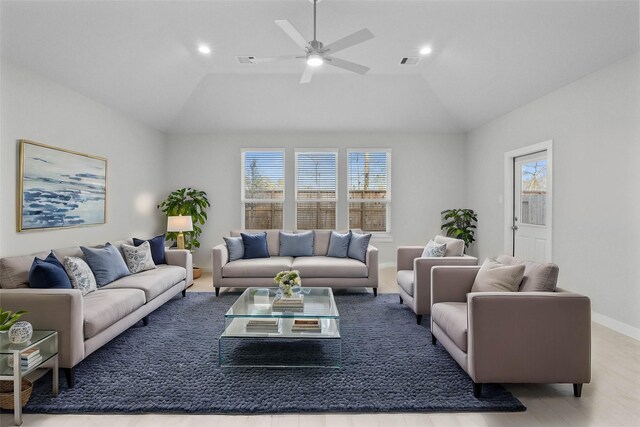 2547 Forest Cedar Ln, Conroe, TX 77301 - living room featuring vaulted ceiling, ceiling fan, recessed lighting, and wood finished floors