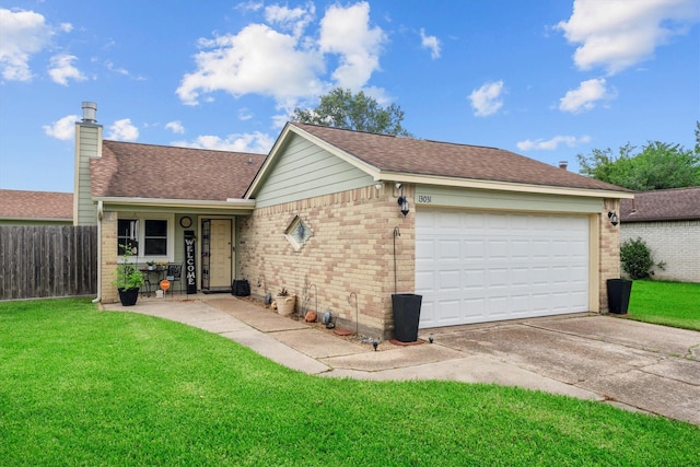 13031 Crystal Cove Dr, Houston, TX 77044 - view of front of property with concrete driveway, an attached garage, brick siding, roof with shingles, and a chimney