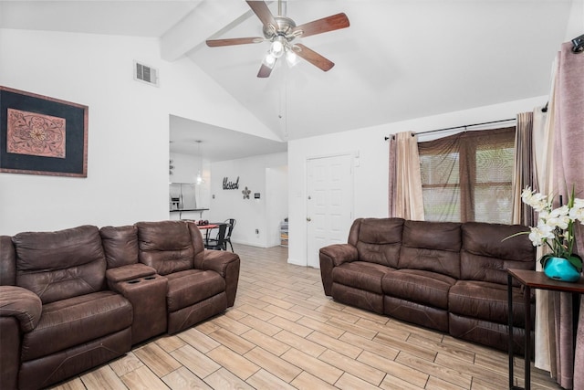 13031 Crystal Cove Dr, Houston, TX 77044 - living room featuring ceiling fan, beam ceiling, high vaulted ceiling, and light wood finished floors