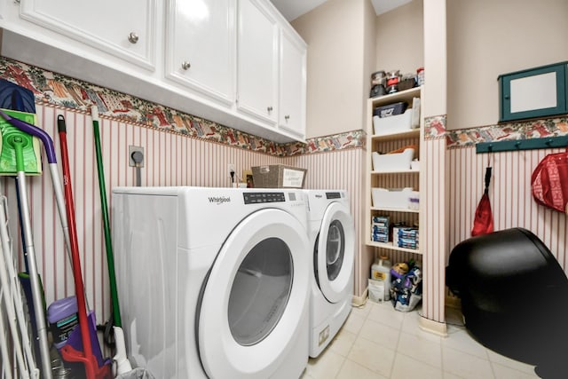 23227 Diamond Knoll Ct, Katy, TX 77494 - laundry area featuring wallpapered walls, separate washer and dryer, cabinet space, and light tile patterned floors