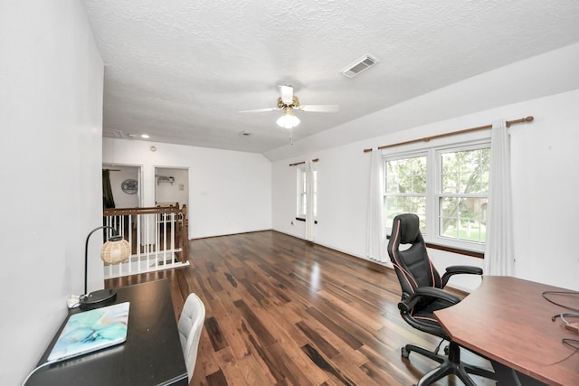 23227 Diamond Knoll Ct, Katy, TX 77494 - office area featuring ceiling fan, wood finished floors, and a textured ceiling