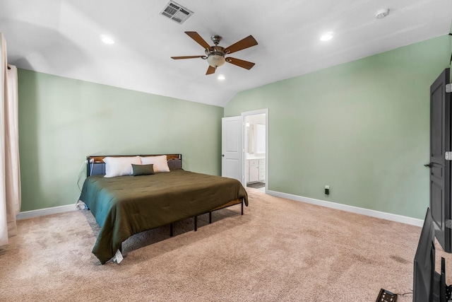 4313 Windswept Dr, Montgomery, TX 77356 - bedroom featuring light carpet, lofted ceiling, recessed lighting, ensuite bathroom, and a ceiling fan