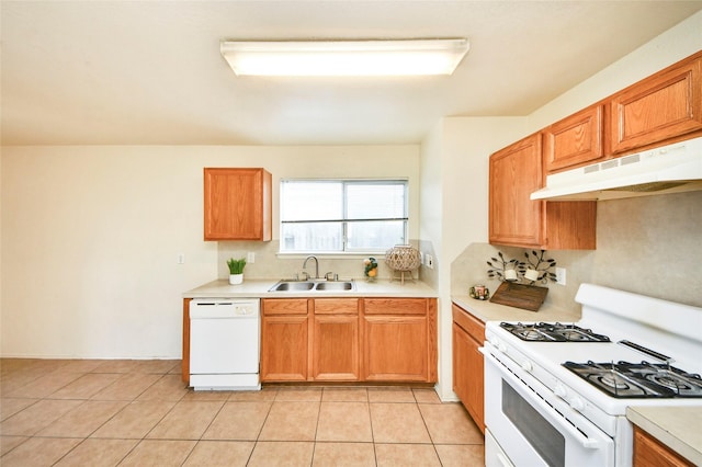 22815 Sherioaks Ln, Spring, TX 77389 - kitchen with white appliances, a sink, under cabinet range hood, and light countertops