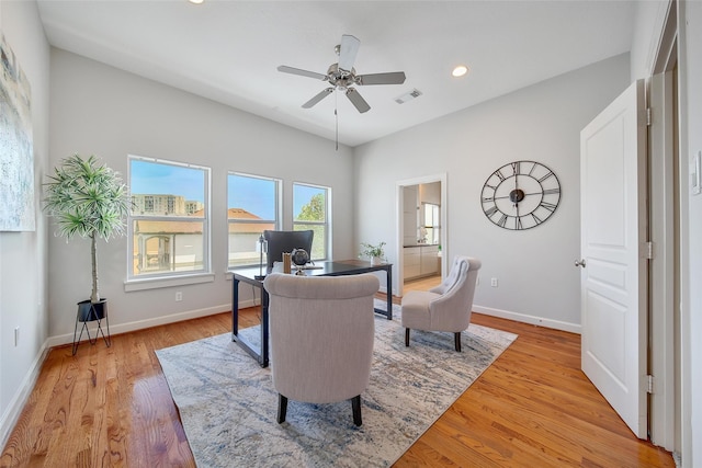 2223 Taft St, Houston, TX 77006 - office with ceiling fan, light wood finished floors, and recessed lighting