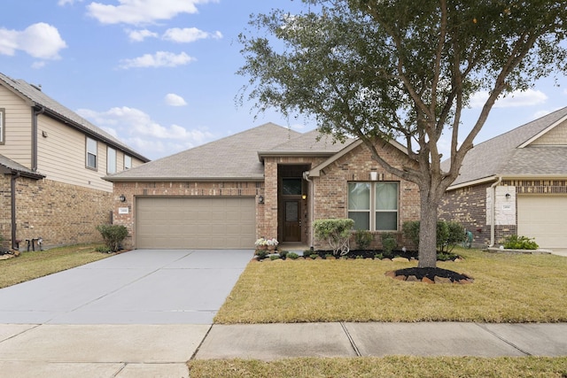 24018 Adobe Ridge Ln, Katy, TX 77493 - ranch-style house featuring brick siding, a garage, a front lawn, concrete driveway, and roof with shingles