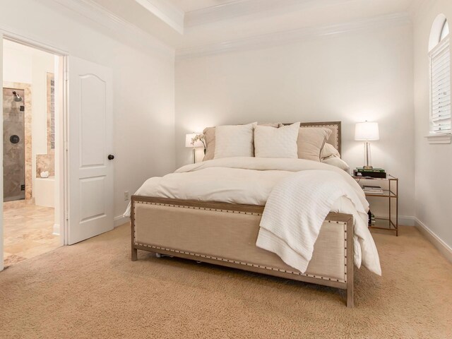 4133 Dickson St, Houston, TX 77007 - bedroom featuring crown molding, light colored carpet, baseboards, and ensuite bath