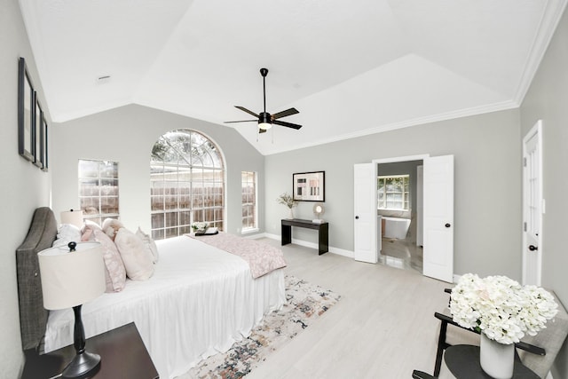 2019 Teakwood Pl, Sugar Land, TX 77478 - bedroom featuring vaulted ceiling, light wood finished floors, baseboards, ornamental molding, and a ceiling fan
