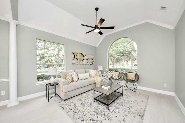 2019 Teakwood Pl, Sugar Land, TX 77478 - living area with ornate columns, wood finished floors, ornamental molding, a ceiling fan, and vaulted ceiling