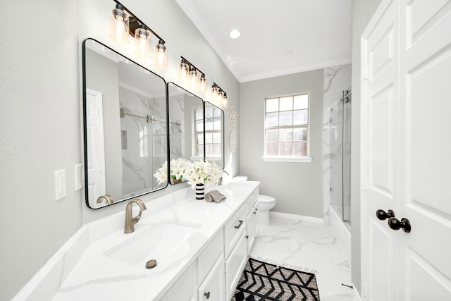2019 Teakwood Pl, Sugar Land, TX 77478 - bathroom featuring vanity, marble finish flooring, toilet, baseboards, and ornamental molding