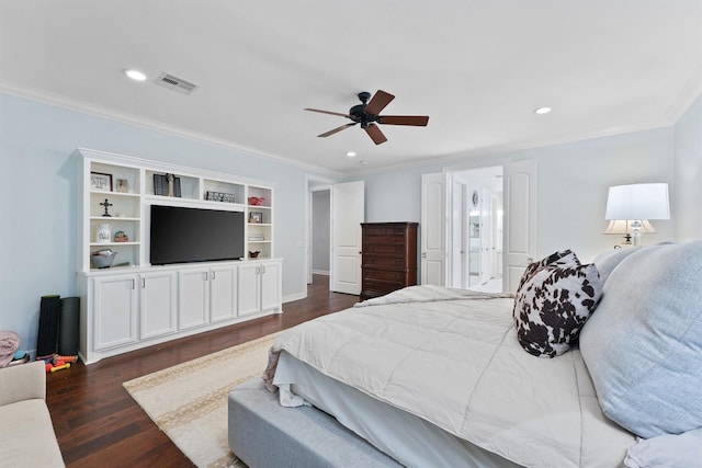 507 Carriage View Ln, Huffman, TX 77336 - bedroom featuring crown molding, dark wood-style flooring, a ceiling fan, recessed lighting, and ensuite bathroom