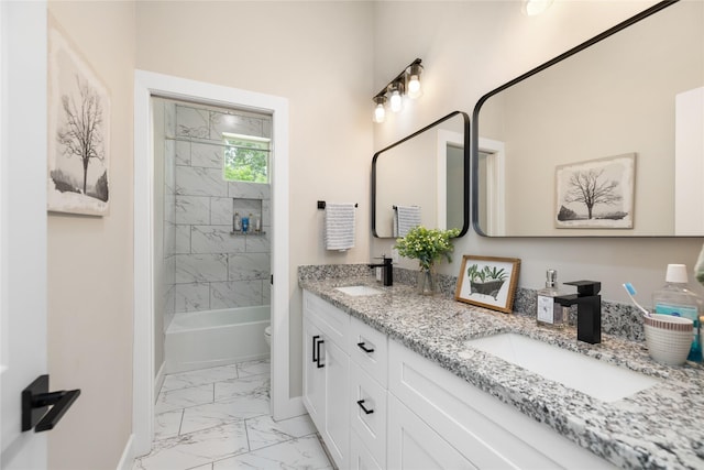 4926 Wunder Way, Houston, TX 77069 - bathroom featuring marble look tile flooring, double vanity, toilet, baseboards, and shower / tub combination