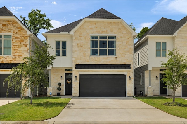 4926 Wunder Way, Houston, TX 77069 - view of front of home featuring driveway, stone siding, a garage, and a front lawn