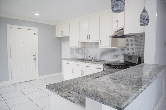 14145 Force St, Houston, TX 77015 - kitchen with under cabinet range hood, stainless steel gas range oven, light stone countertops, white cabinetry, and recessed lighting