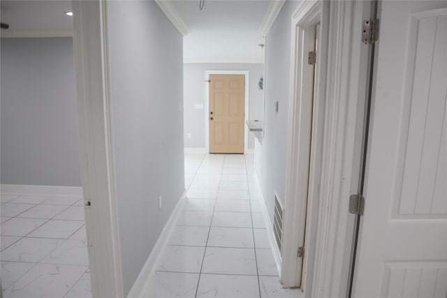 14145 Force St, Houston, TX 77015 - hall with light marble finish floors, ornamental molding, and baseboards