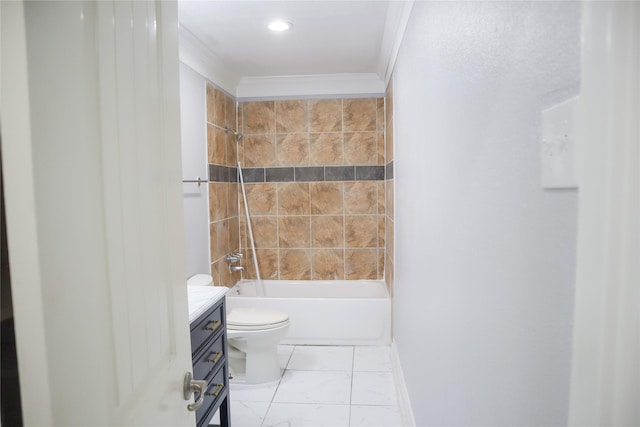 14145 Force St, Houston, TX 77015 - full bath with crown molding, vanity, toilet, shower / bathtub combination, and marble look tile flooring