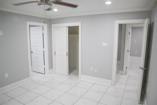 14145 Force St, Houston, TX 77015 - unfurnished bedroom with light marble finish floors, ornamental molding, recessed lighting, baseboards, and a closet