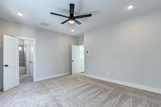5407 Lee St, Houston, TX 77020 - unfurnished bedroom featuring carpet, baseboards, recessed lighting, connected bathroom, and a ceiling fan