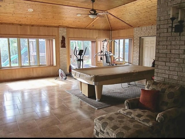 2217 W Reata Dr, Deer Park, TX 77536 - recreation room with wood ceiling, pool table, a ceiling fan, vaulted ceiling, and wooden walls