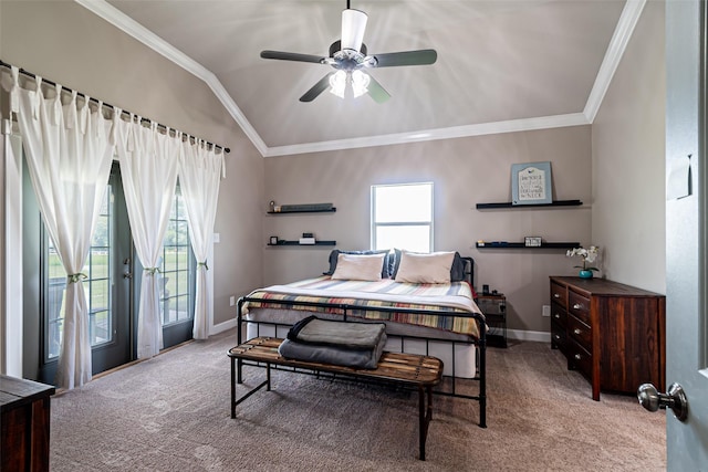 38766 Wyatt Chapel Rd, Hempstead, TX 77445 - bedroom with carpet, access to exterior, ornamental molding, vaulted ceiling, and a ceiling fan
