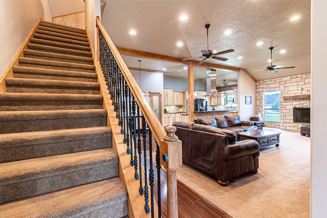 38766 Wyatt Chapel Rd, Hempstead, TX 77445 - living area with a ceiling fan, stairway, recessed lighting, and carpet floors