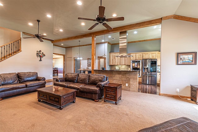 38766 Wyatt Chapel Rd, Hempstead, TX 77445 - carpeted living area with a ceiling fan, recessed lighting, stairway, and lofted ceiling