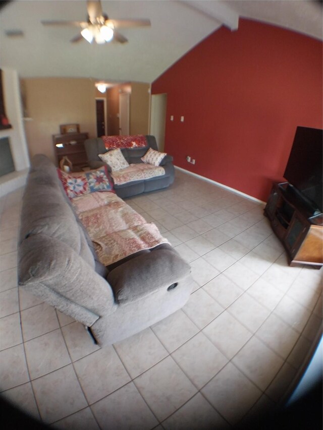 2450 Edgedale Dr, Missouri City, TX 77489 - tiled living area featuring a ceiling fan and vaulted ceiling